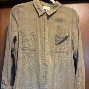 Lucky Brand Green and Gold Embroidery Button Shirt
